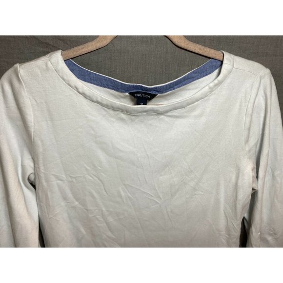 Nautica Shirt‎ Womens Medium White Round Neck Contrast Cuff Long Sleeve Ladies. - Picture 5 of 9